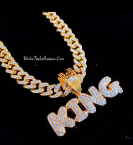 18k Gold King & Queen Cuban Link Pendant Necklace
