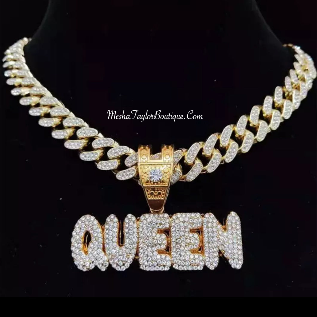 18k Gold King & Queen Cuban Link Pendant Necklace