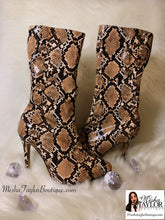Load image into Gallery viewer, Camel Snakeskin Luxury Mid Calf Boots