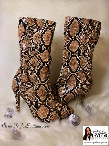 Camel Snakeskin Luxury Mid Calf Boots