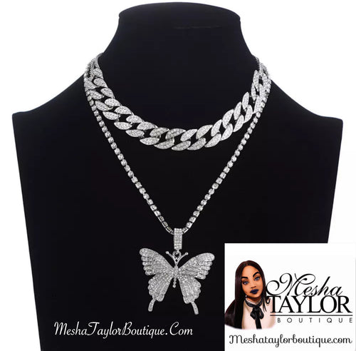 Iced Out Butterfly Necklace Set